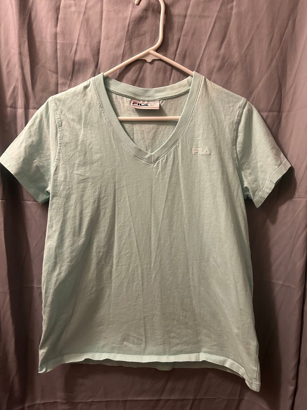 FILA Aqua Blue V-Neck Cotton Tee Bright Color Athleisure Casual Shirt